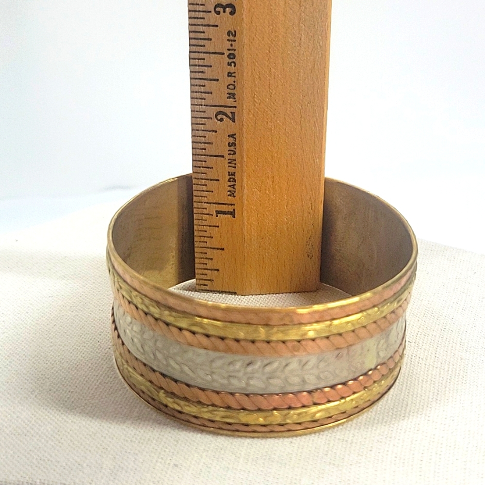 ​Artisan Wide Mixed-Metal Copper Cuff Bracelet Braided Brass Etched Leaf - Picture 6 of 6